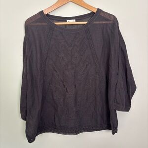 Anthropologie Meadow Rue Embroidered Woven Knit Dolman Top-Charcoal Gray-M-Boho